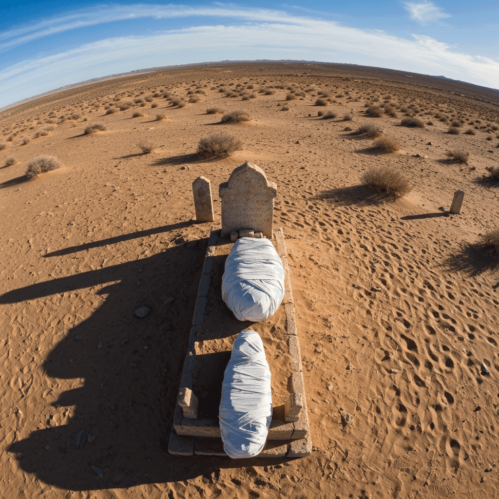 Desert grave with wrapped figure