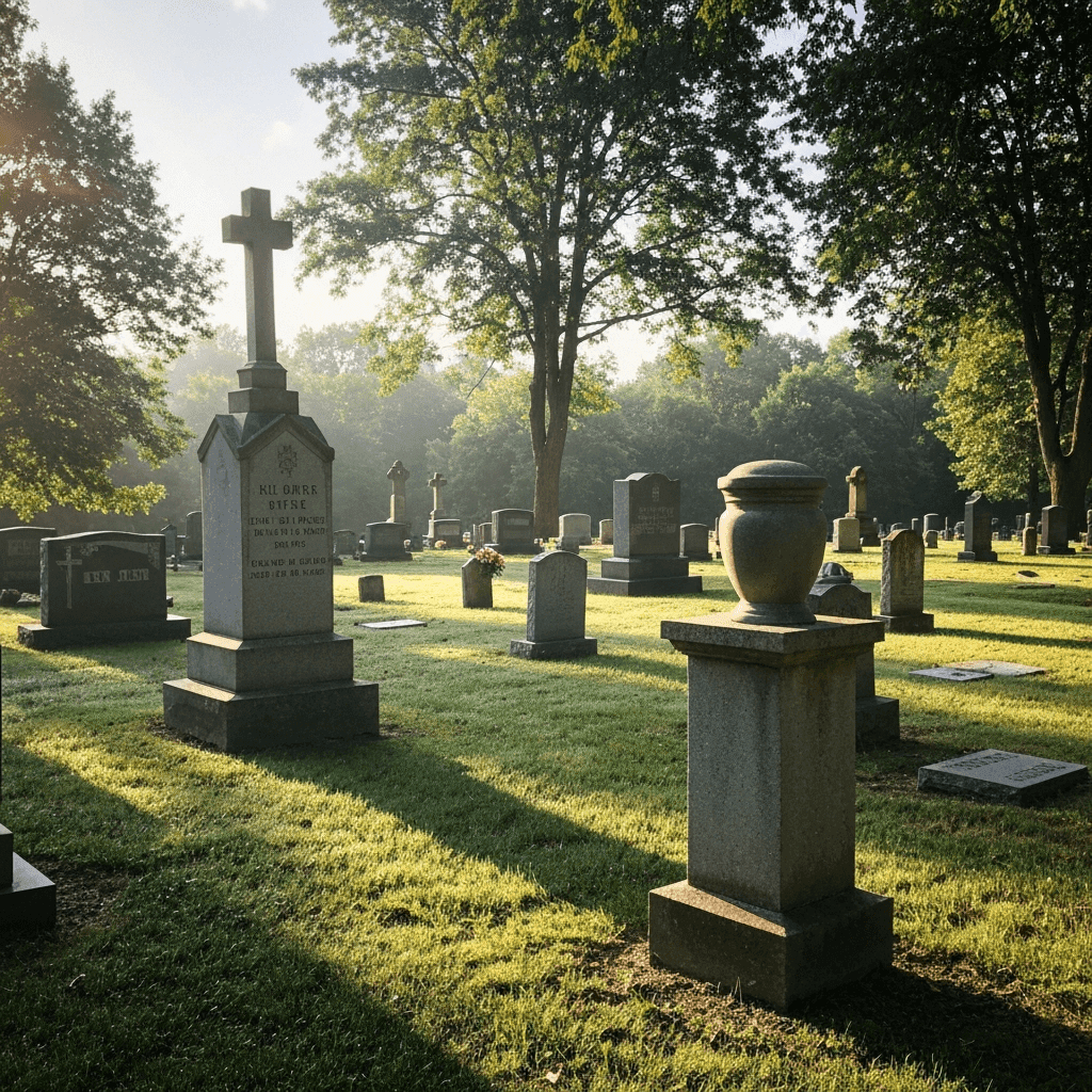 Cemetery with headstones and urn