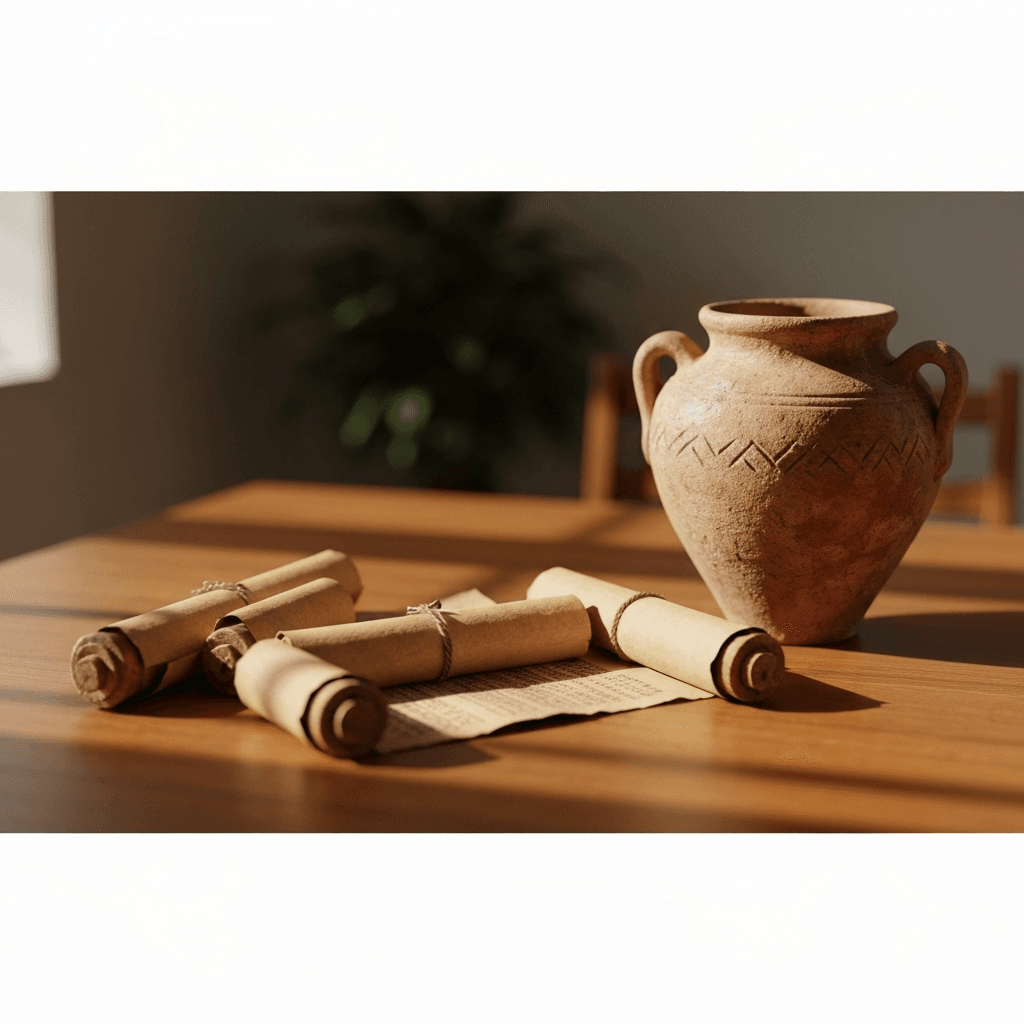 Scrolls and urn on a table