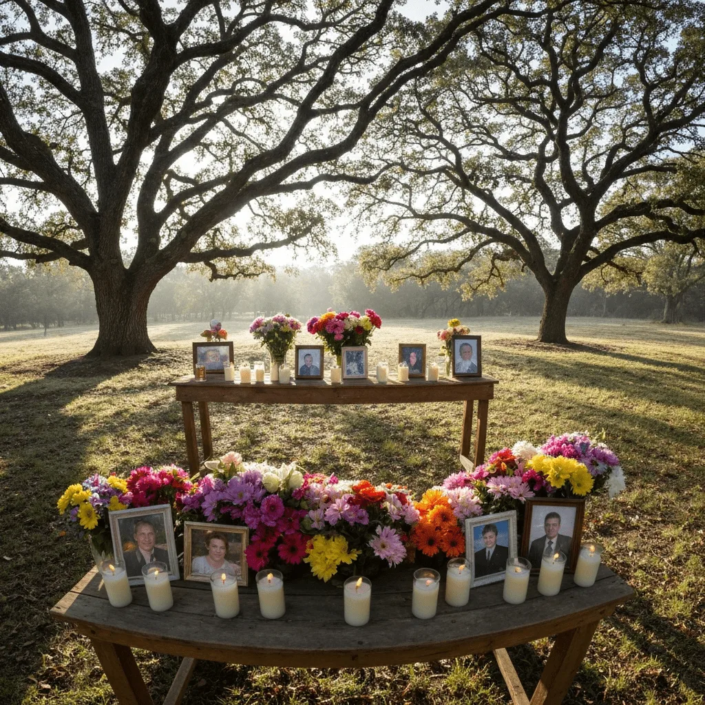 Outdoor memorial table under oak trees