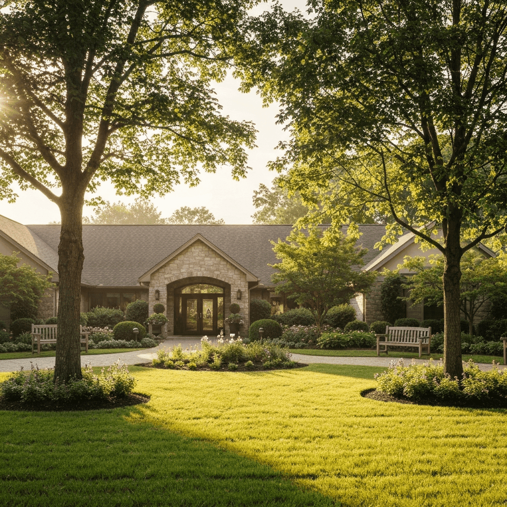 Welcoming funeral home exterior with garden