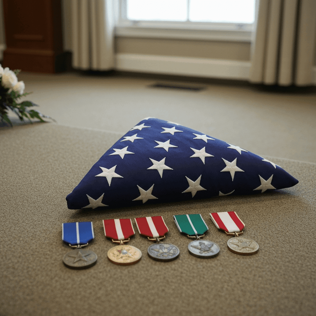 Funeral display with flag and medals