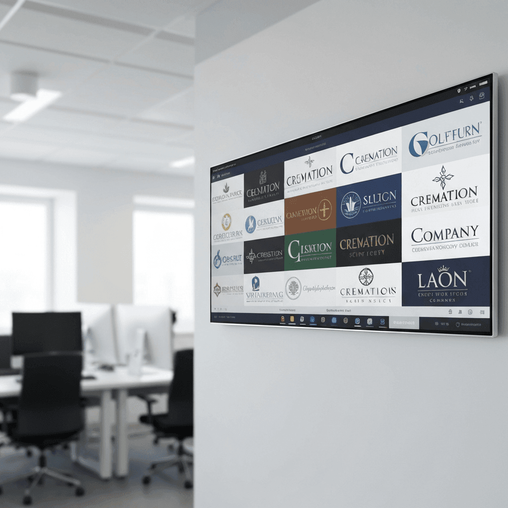 Digital screen showing cremation company logos