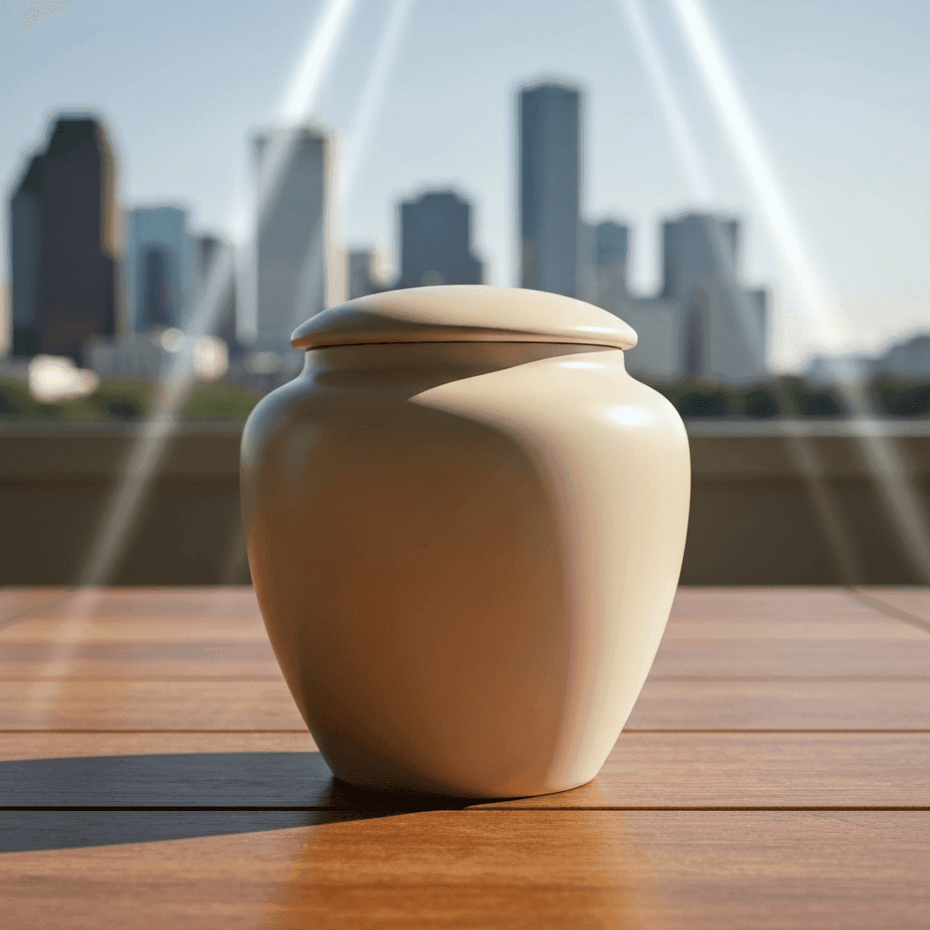 Cremation urn with Houston skyline