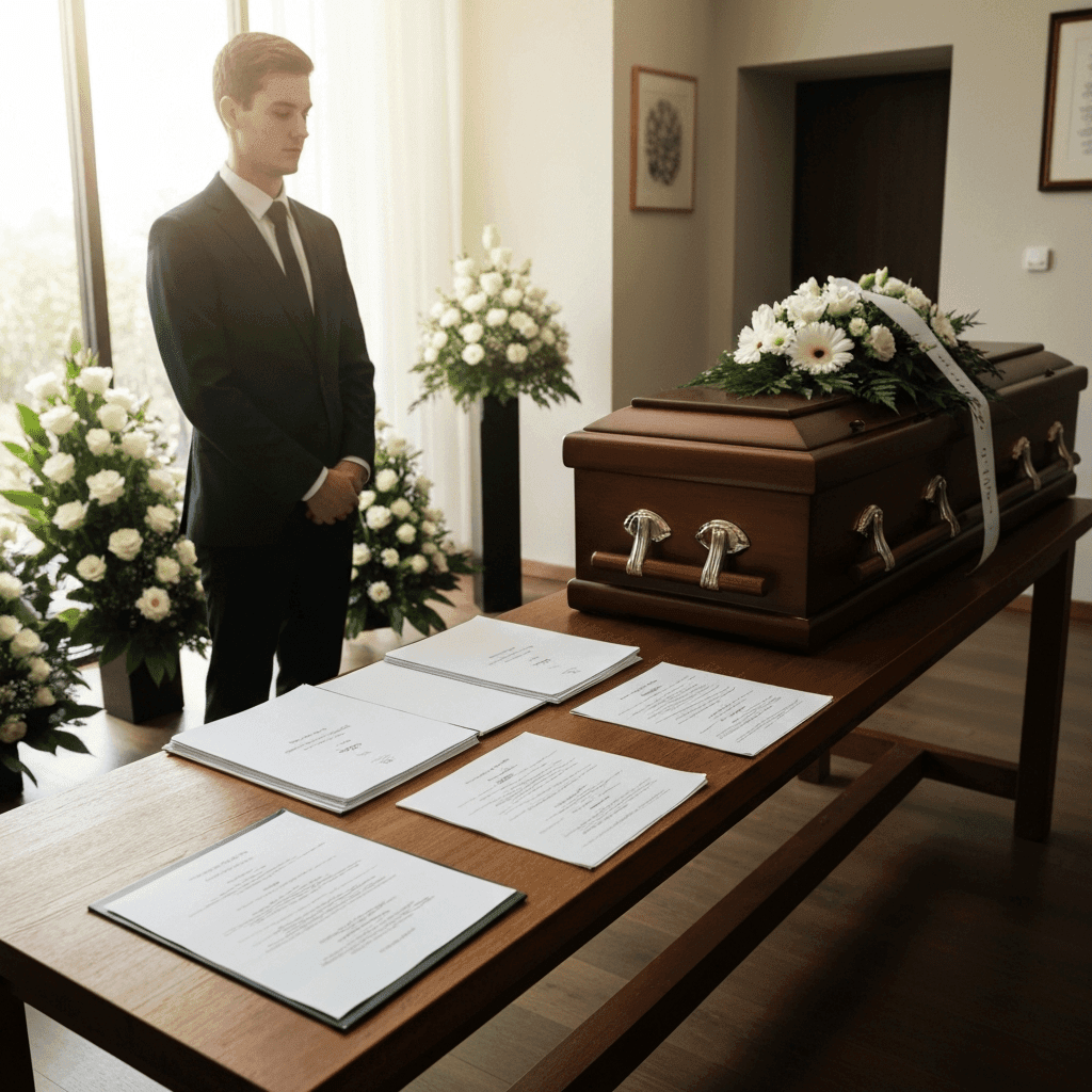 Funeral paperwork and casket scene