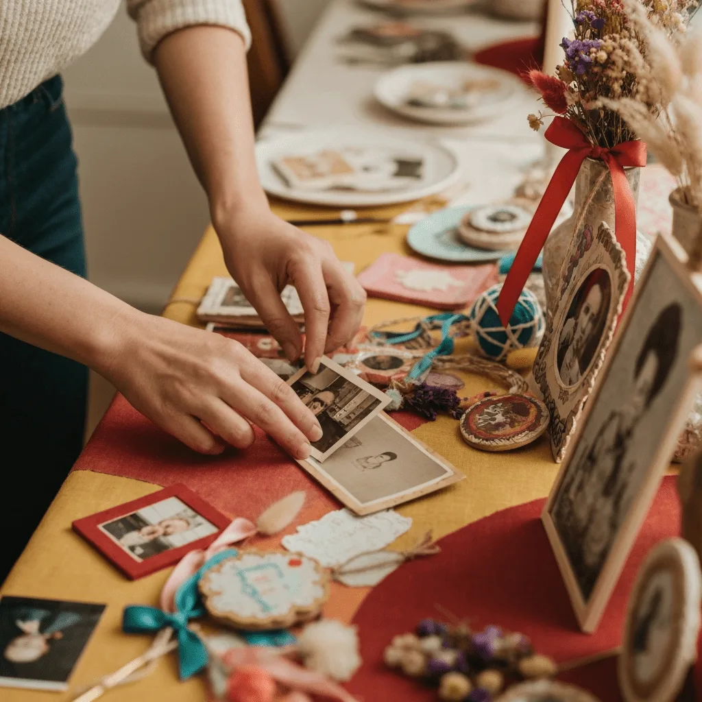 Hands arranging memorial decorations
